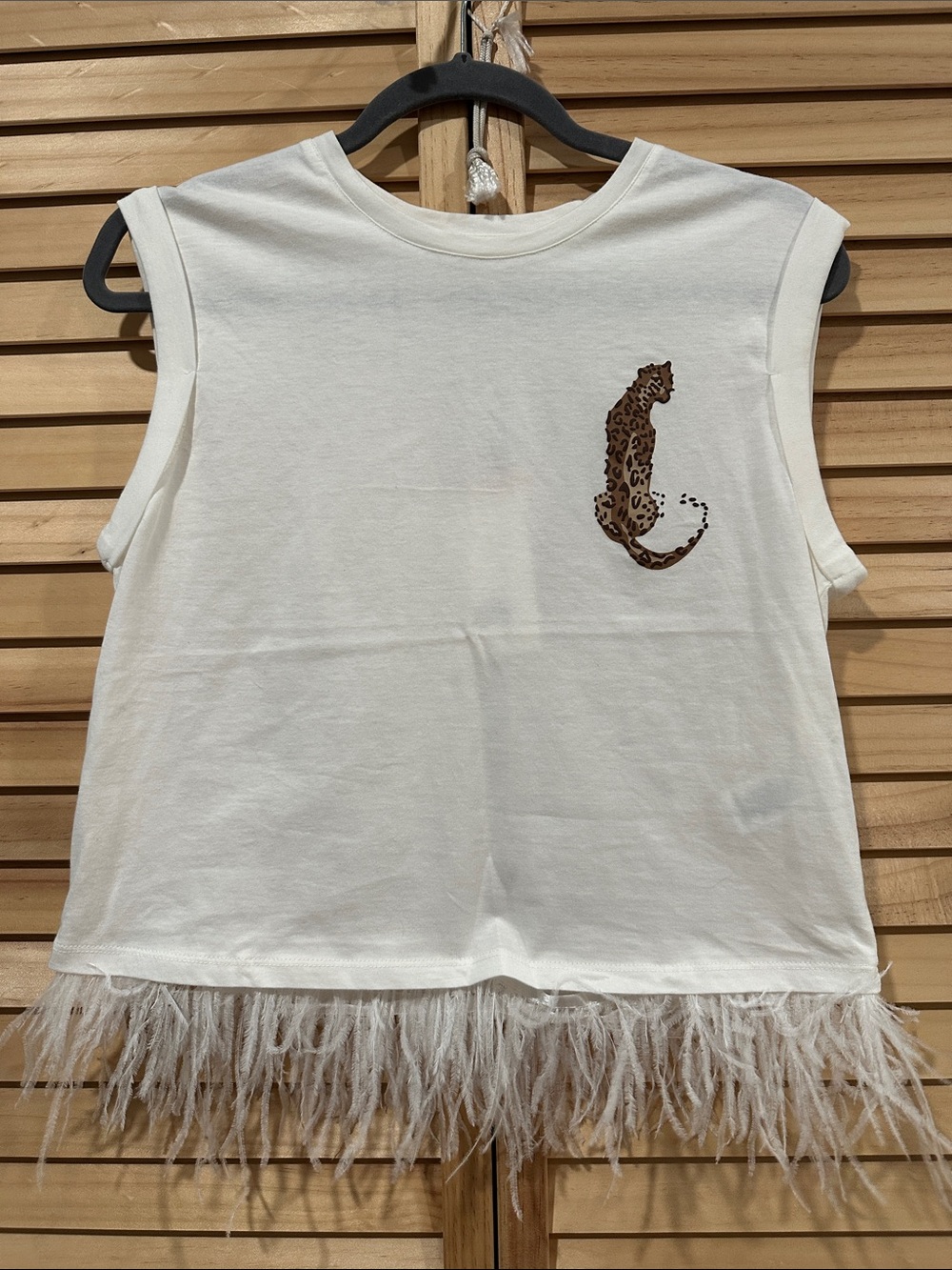 Adrienne Landau NWT Women’s Cream Leopard Tank W/ Removable Feather-Hem Small